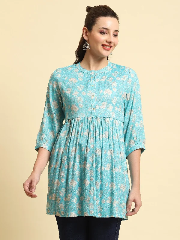 Women Sky Blue Floral Printed Tunic