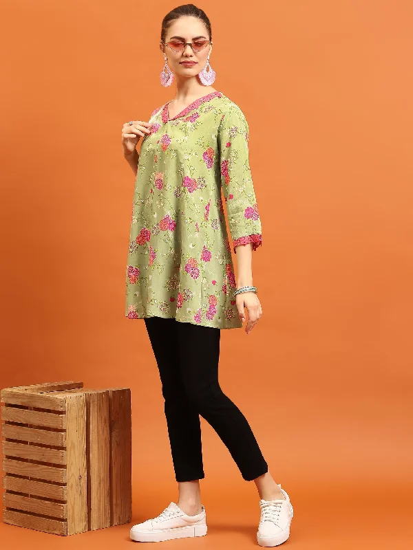 Women Green V-Neck Printed Tunic