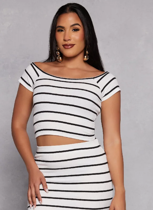 Striped Boat Neck Crop Top