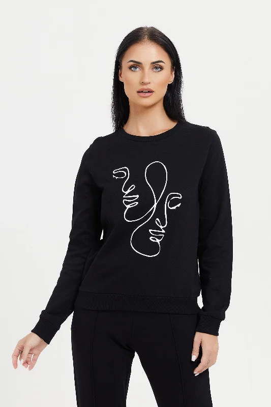 Women Black Line Art Printed Sweatshirt