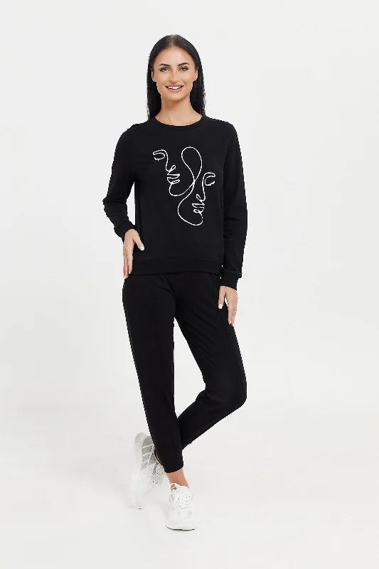 Women Black Line Art Printed Sweatshirt