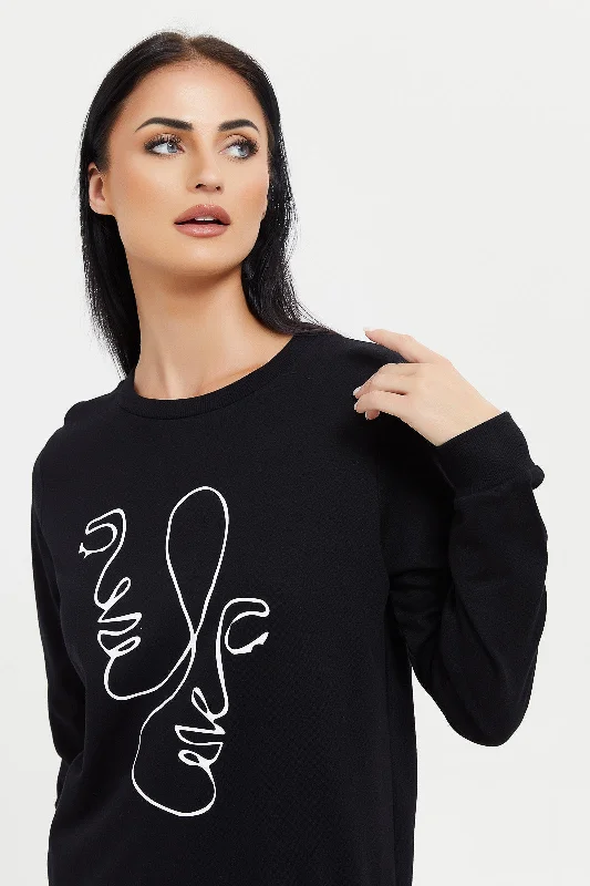 Women Black Line Art Printed Sweatshirt