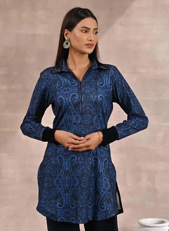 Blue Printed Tunic with Embroidery on Collar