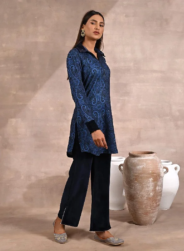 Blue Printed Tunic with Embroidery on Collar