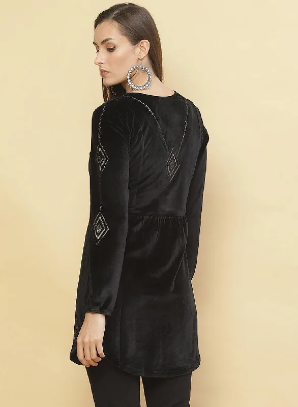 Charcoal Black Embroidered Velvet Tunic With Sequins