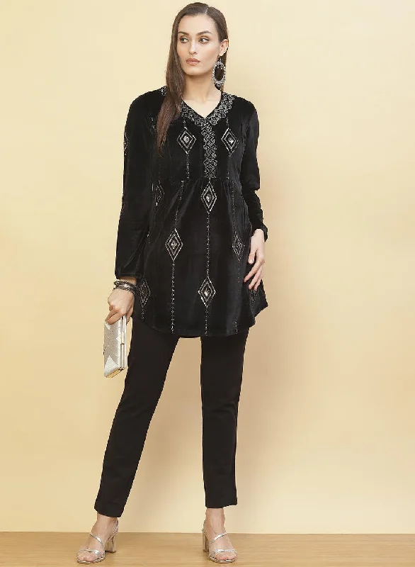 Charcoal Black Embroidered Velvet Tunic With Sequins