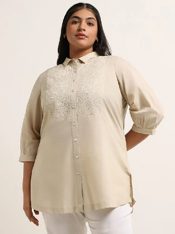 Diza Light Beige Embroidered Cotton Tunic