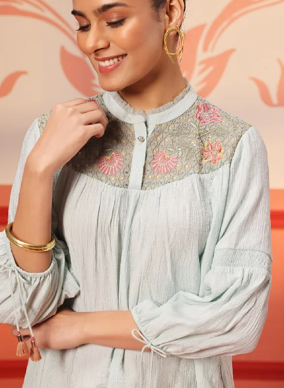 Faya Sky Blue Crinkled Crepe Embroidered Top for Women