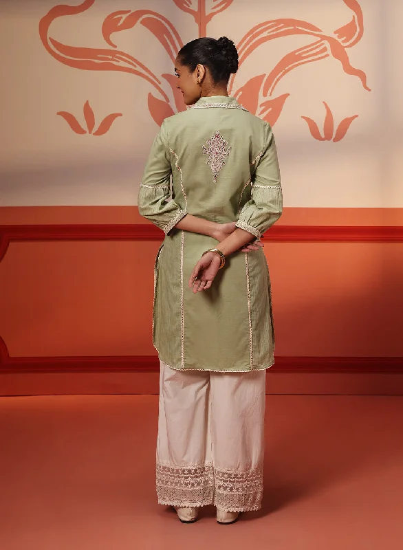 Hayaat Basil Green Embroidered Cotton Linen Tunic for Women