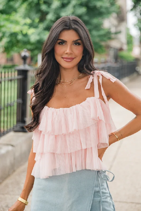 It's Giving Blush Ruffle Tulle Bow Shoulder Tank