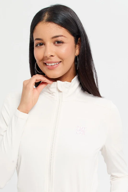 Women Ivory Zip Thru Active Sweatshirt