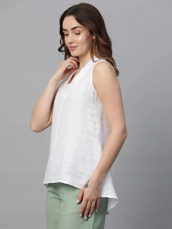 Women's White Linen Regular Fit Blouse