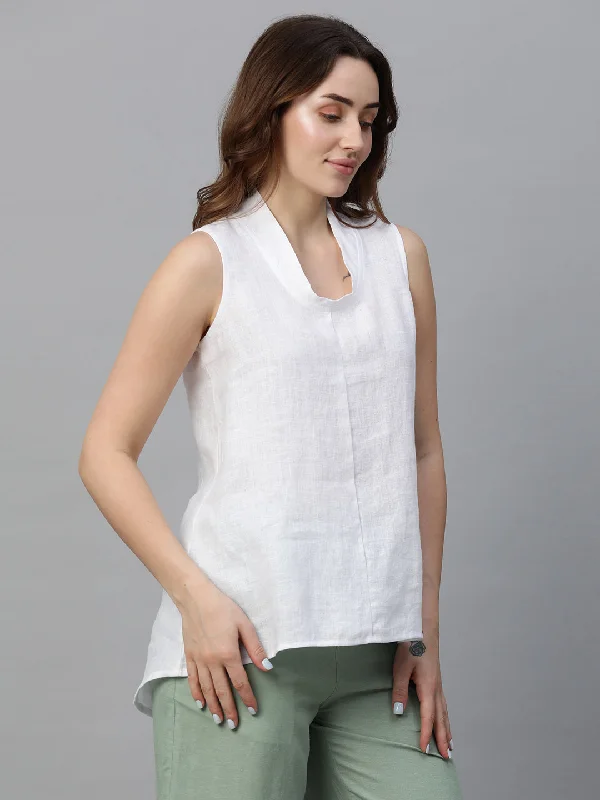 Women's White Linen Regular Fit Blouse