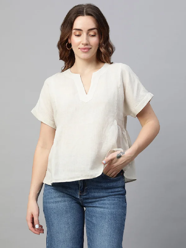 Women's Beige Linen Regular Fit Blouse