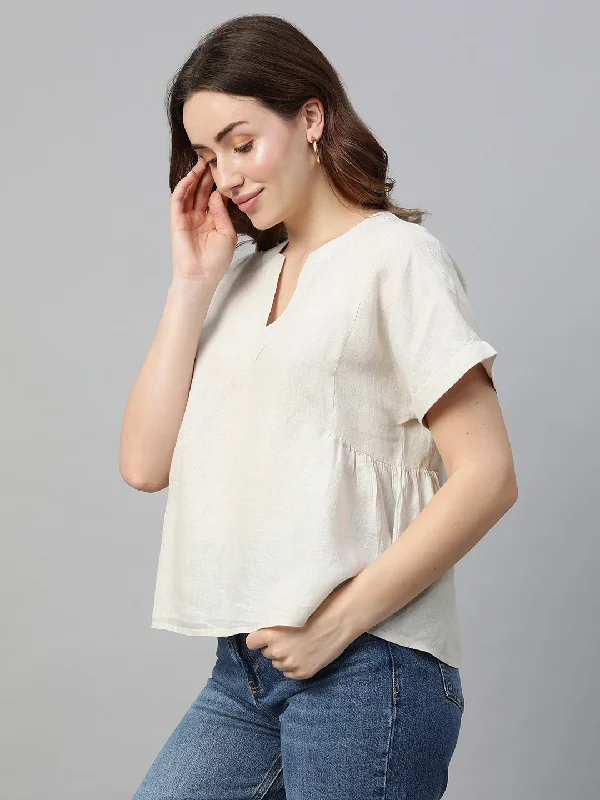 Women's Beige Linen Regular Fit Blouse