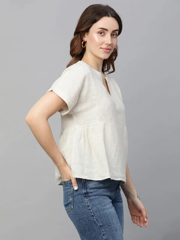 Women's Beige Linen Regular Fit Blouse