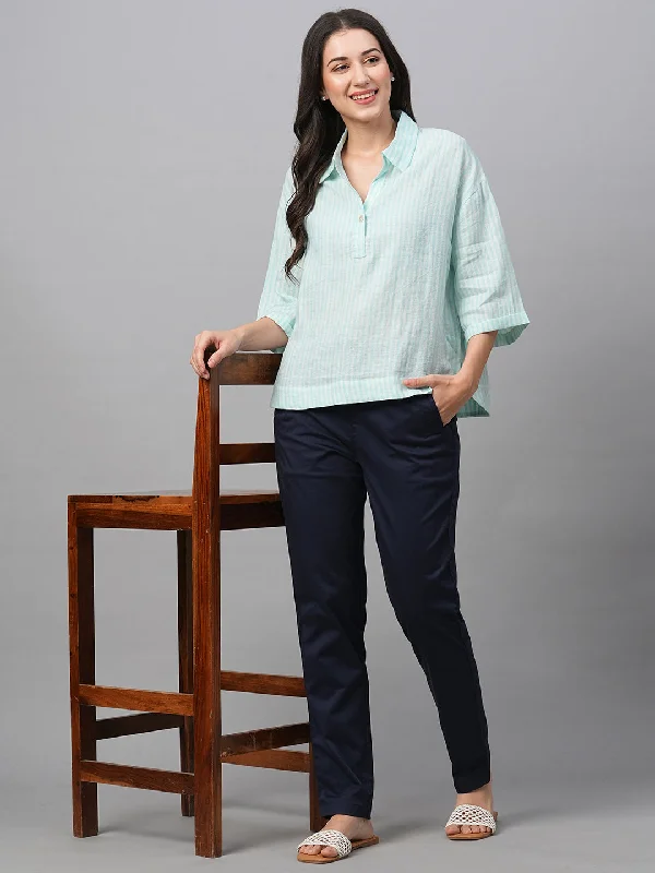 Women's Blue Linen Boxy Fit Blouse