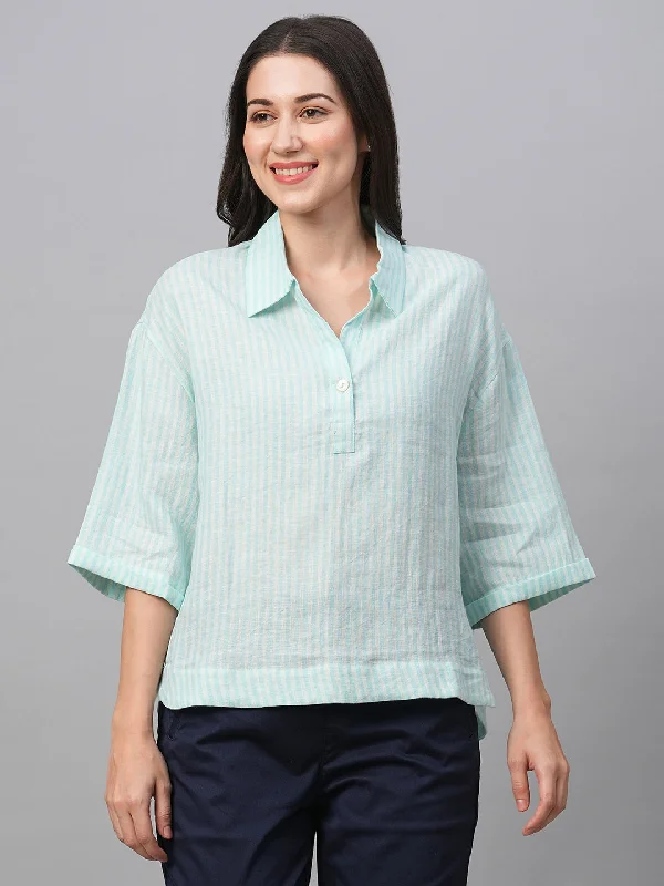 Women's Blue Linen Boxy Fit Blouse