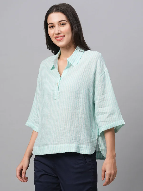 Women's Blue Linen Boxy Fit Blouse