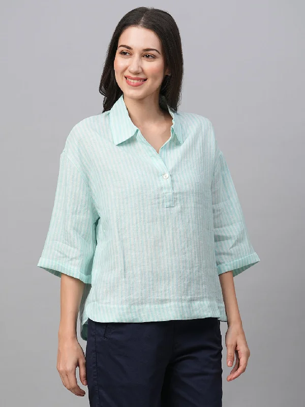 Women's Blue Linen Boxy Fit Blouse