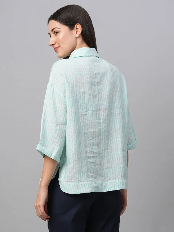 Women's Blue Linen Boxy Fit Blouse