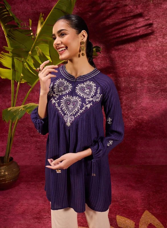 Malti Deep Purple Embroidered Striped Viscose Rayon Top For Women