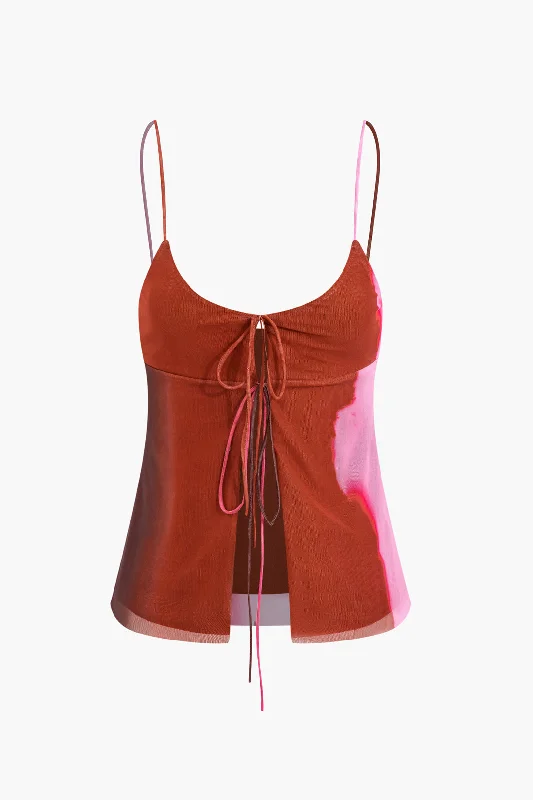 Contrast Mesh Tie-Front Cami Top