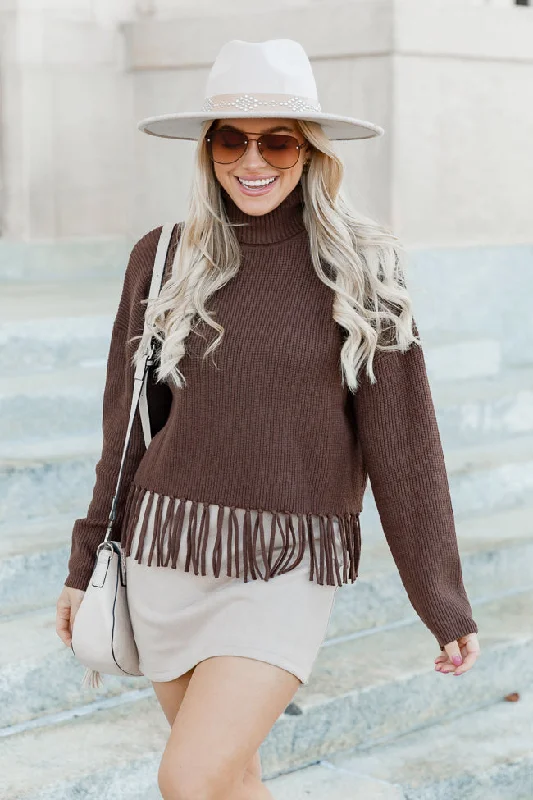 Missed Opportunity Brown Fringe Hem Turtleneck Sweater