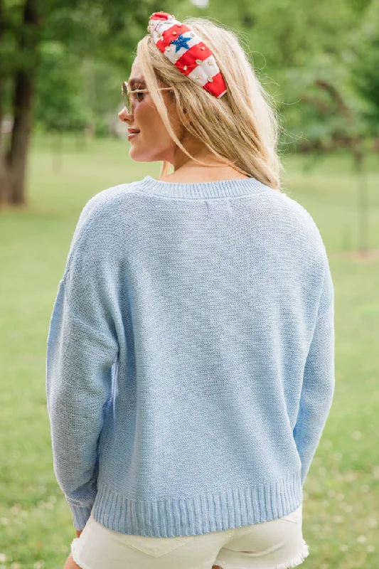 Off To The Parade Blue Freedom Script Sweater FINAL SALE