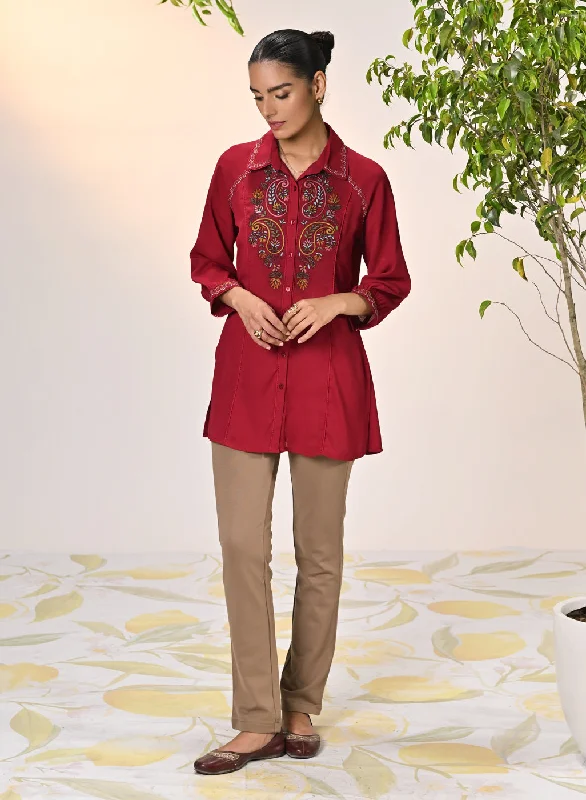 Gul Persian Red Embroidered Crepe Shirt for Women