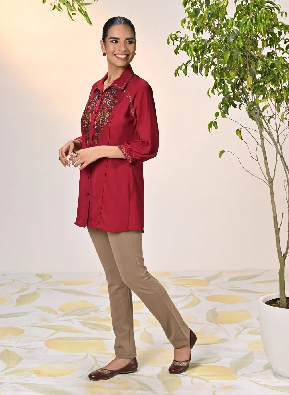 Gul Persian Red Embroidered Crepe Shirt for Women