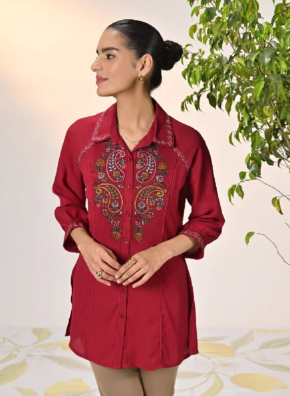 Gul Persian Red Embroidered Crepe Shirt for Women