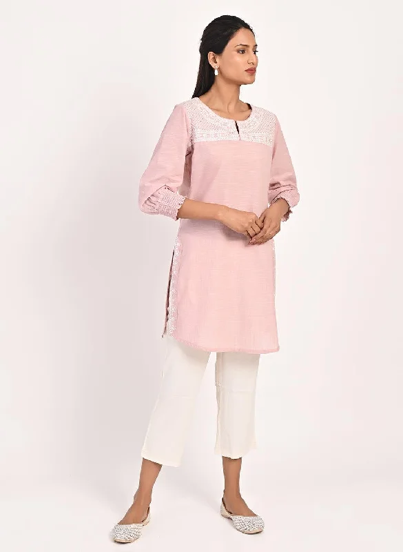 Pink Round Neck Embroidered Tunic