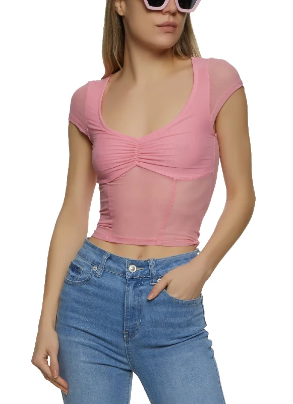 Short Sleeve Ruched Front Mesh Top