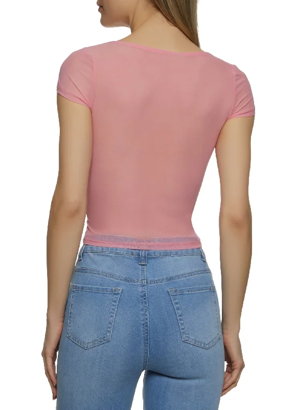 Short Sleeve Ruched Front Mesh Top