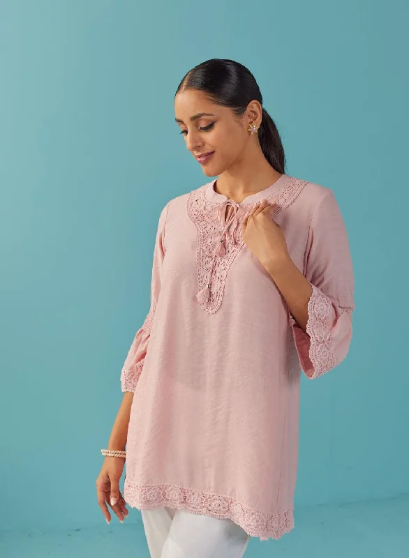 Pink Solid Tunic with Keyhole Neck and Bell Sleeves