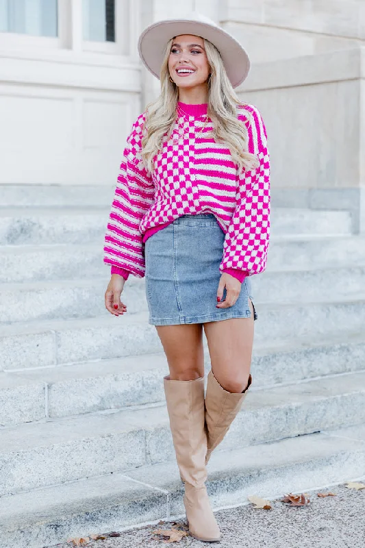 Somewhere In Time Pink Striped And Checkered Sweater FINAL SALE