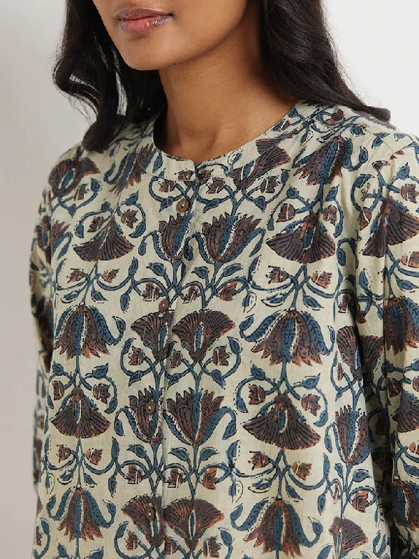 Utsa Beige Floral Printed Cotton Tunic