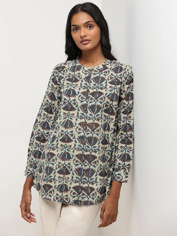 Utsa Beige Floral Printed Cotton Tunic