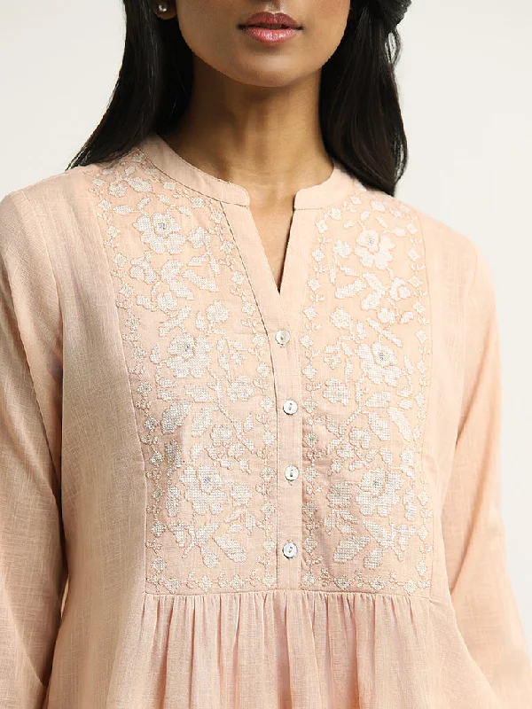 Utsa Peach Embroidered Cotton Kurti