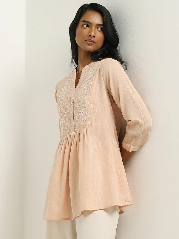 Utsa Peach Embroidered Cotton Kurti