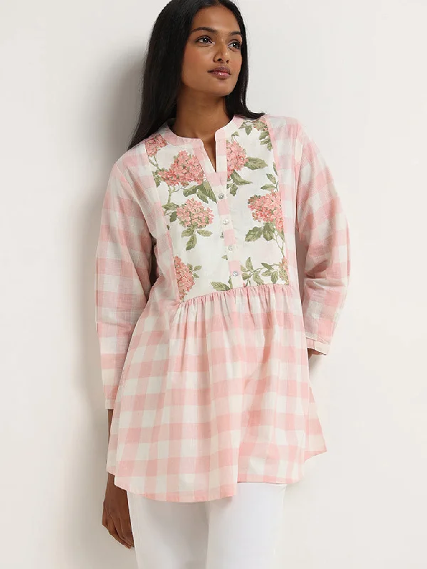 Utsa Peach Floral Printed Checked Cotton Tunic