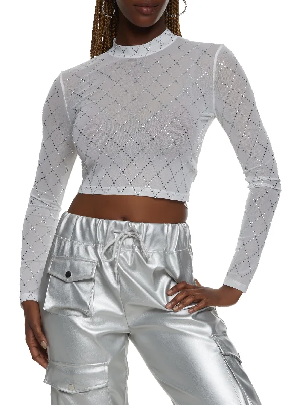 Mesh Rhinestone Studded Long Sleeve Crop Top