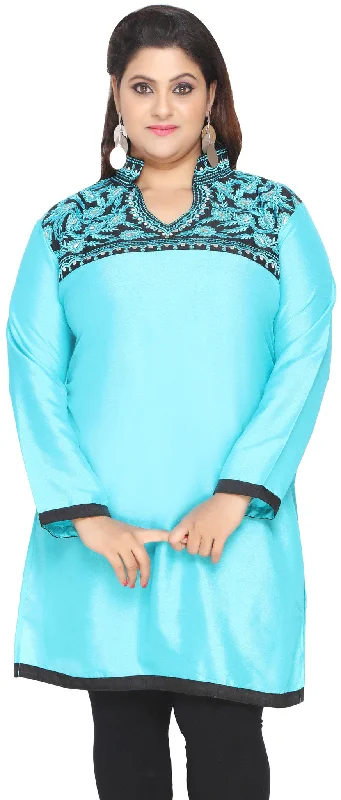 Women's Poly Silk Indian Tunics Kurti Long Top Plus Size (Turquoise)