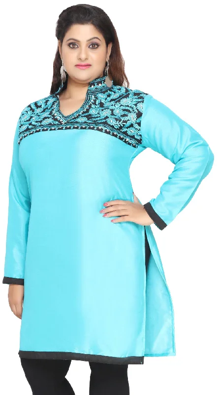 Women's Poly Silk Indian Tunics Kurti Long Top Plus Size (Turquoise)