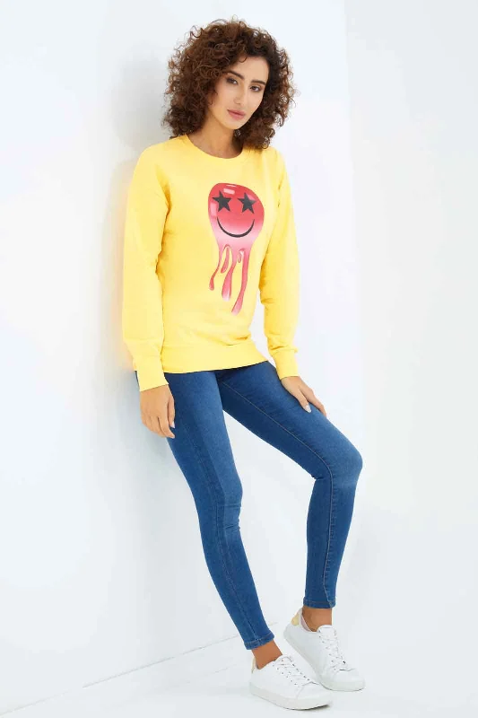 Women Yellow Emoji Printed Sweatshirt