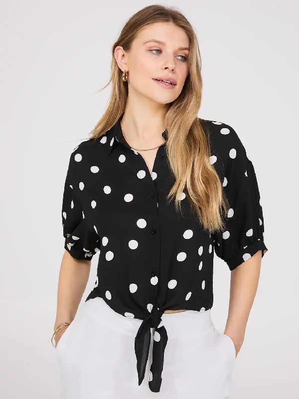 Polka Dot Button-Up Short Sleeve Blouse