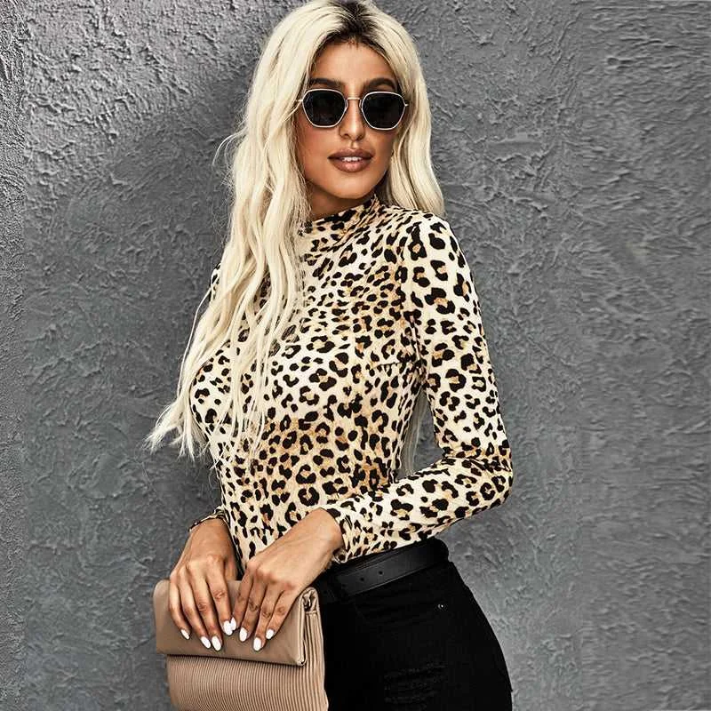 KittenAlarm - Leopard Print Women Slim Fit Rompers Fashion Ladies Deep High Neck Long Sleeve Stretch Leotard Body Tops Female One Piece Jumpsuit