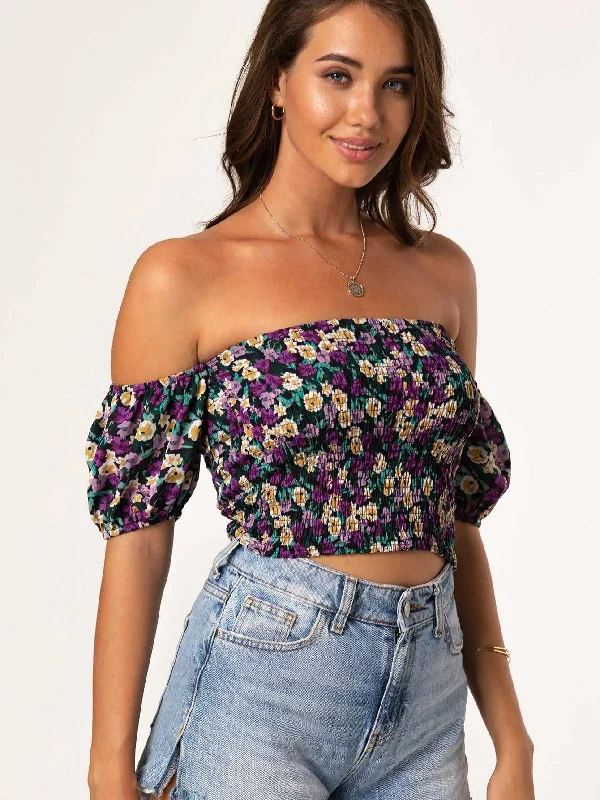 KittenAlarm - Allover Print Off Shoulder Smoked Crop Top