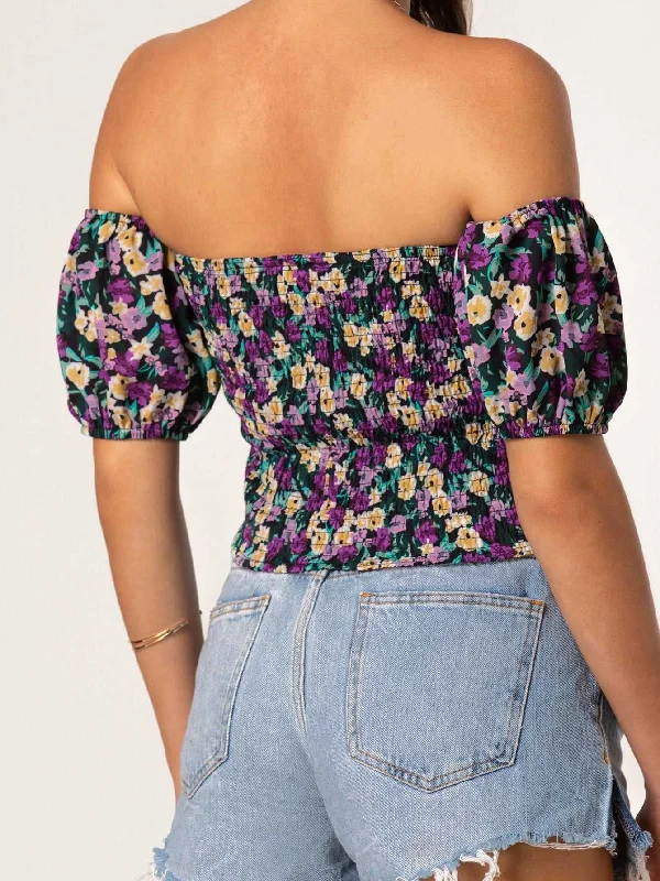 KittenAlarm - Allover Print Off Shoulder Smoked Crop Top